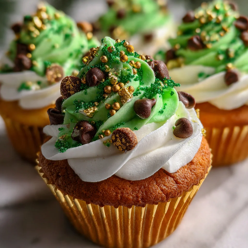 Close-up of a vanilla cupcake topped with a beautifully piped green buttercream tree and star topper