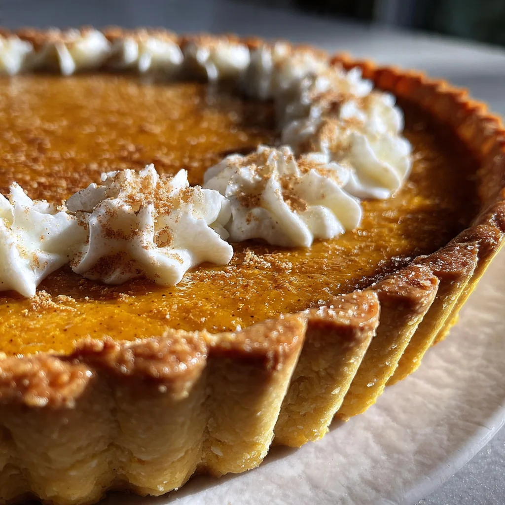 A single perfect slice of pumpkin pie tart topped with a dollop of whipped cream and toasted pecans