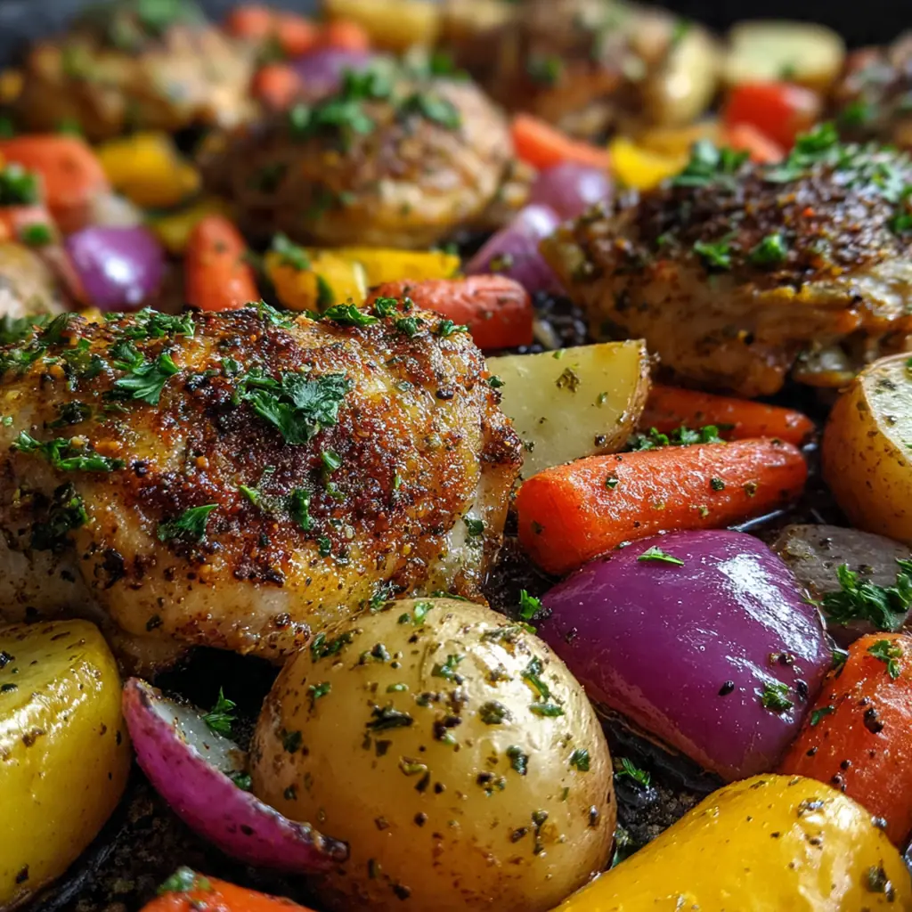 Close-up of juicy, golden brown chicken thighs nestled among blistered tomatoes and caramelized zucchini