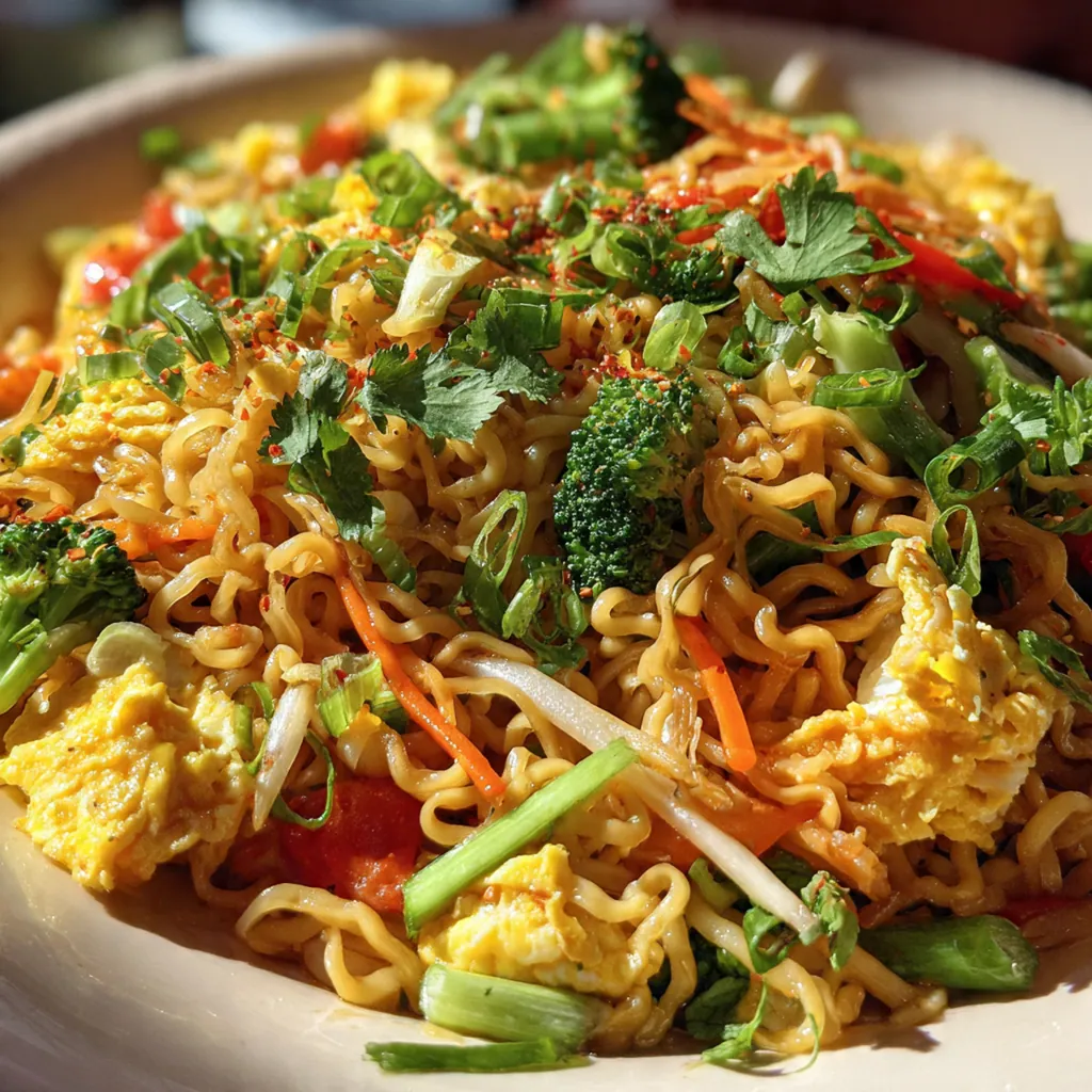 Finished plate of cafeteria-style noodles garnished with green onions and sesame seeds.