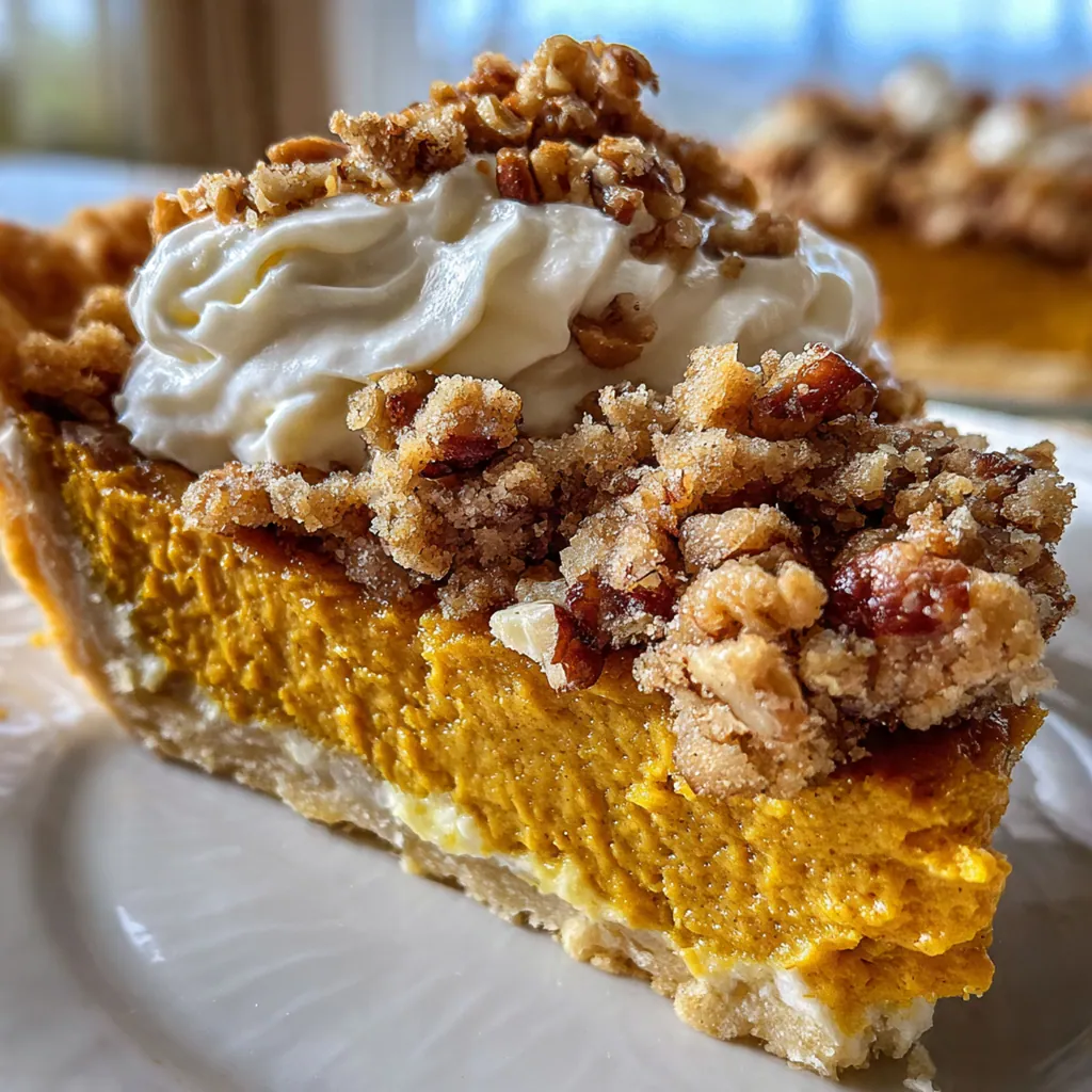 Close-up slice of pumpkin pie with pecan crumble showing the creamy filling and crunchy topping