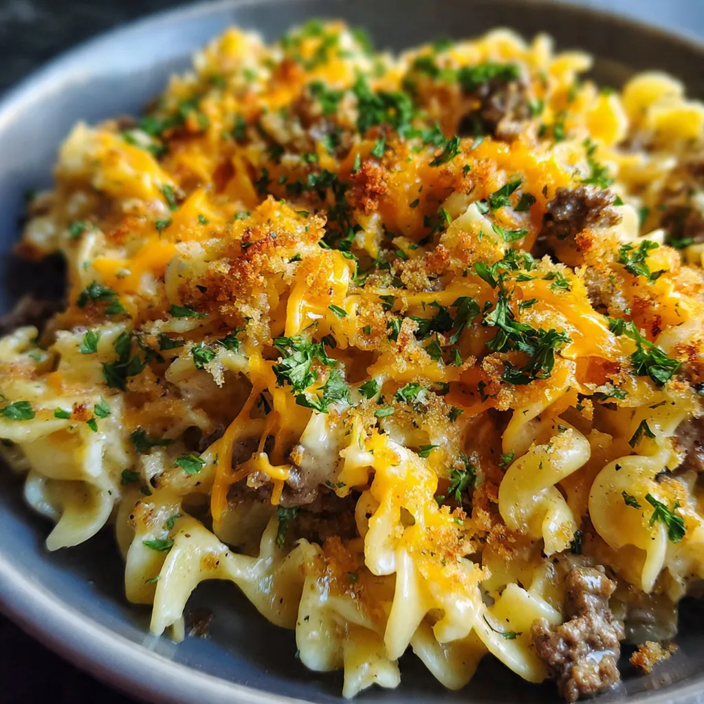 Close-up of a serving spoon lifting a creamy portion with tender noodles, beef, and melted cheese