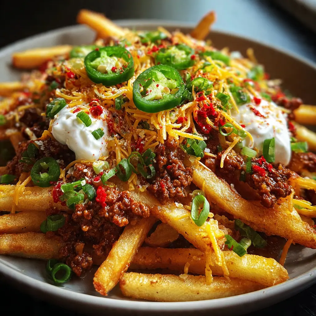 A finished platter of chili cheese fries garnished with fresh green onions and a side of cool sour cream