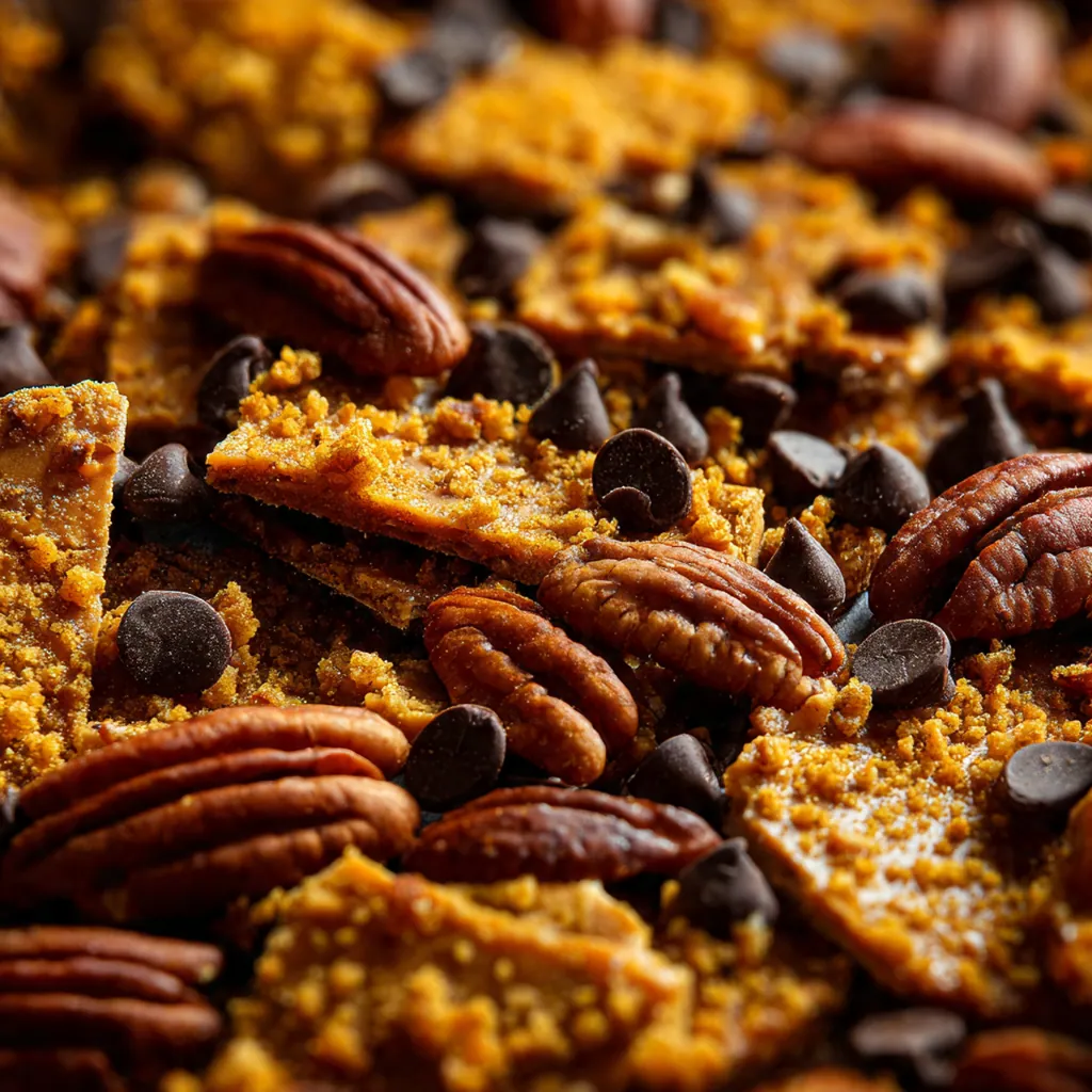 A rustic pile of pecan pie bark pieces on a wooden board with parchment