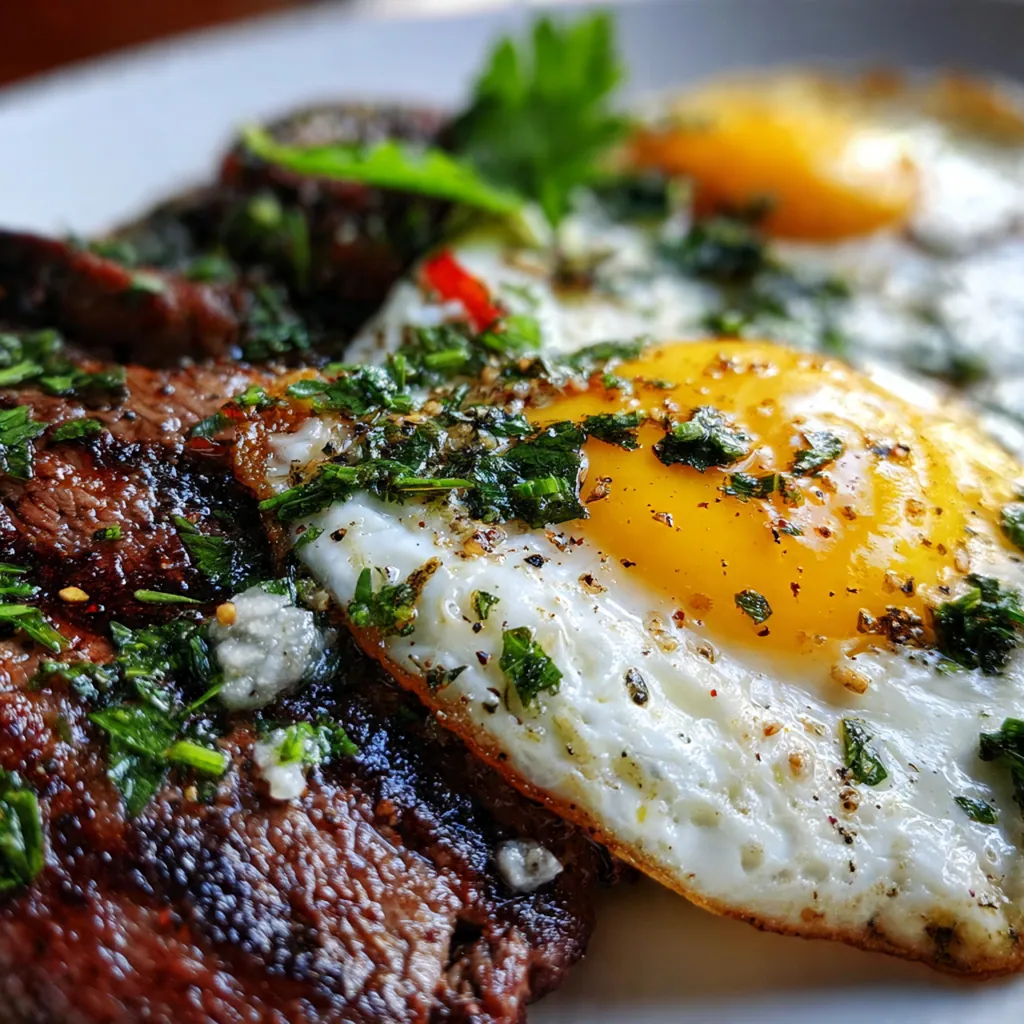 A hearty plated breakfast of steak and eggs garnished with parsley and served with hot sauce