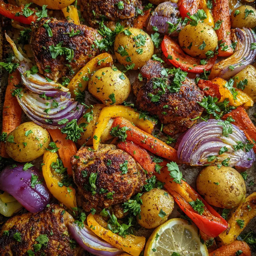 A dinner plate featuring the Mediterranean chicken and veggies, garnished with fresh herbs and crumbled feta cheese