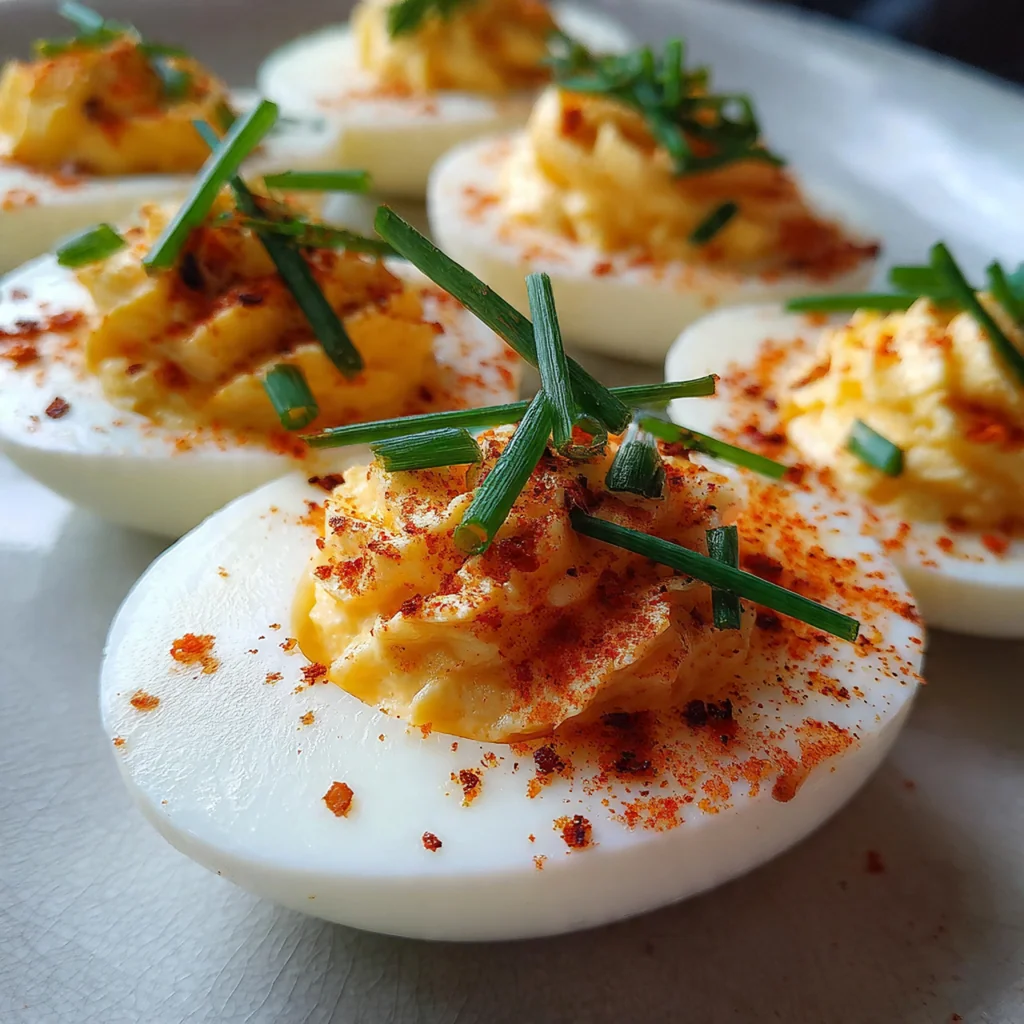 An overhead view of the creamy yellow deviled egg filling being mixed in a glass bowl with a spatula.