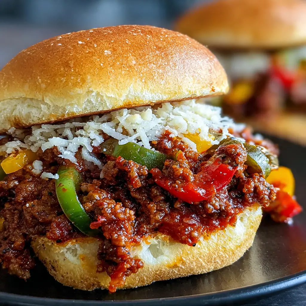 A close-up of an open hamburger bun overflowing with the rich, savory sloppy joe mixture