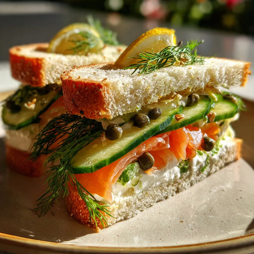 Overhead view of freshly made tea sandwiches with fresh dill garnish on a vintage china platter