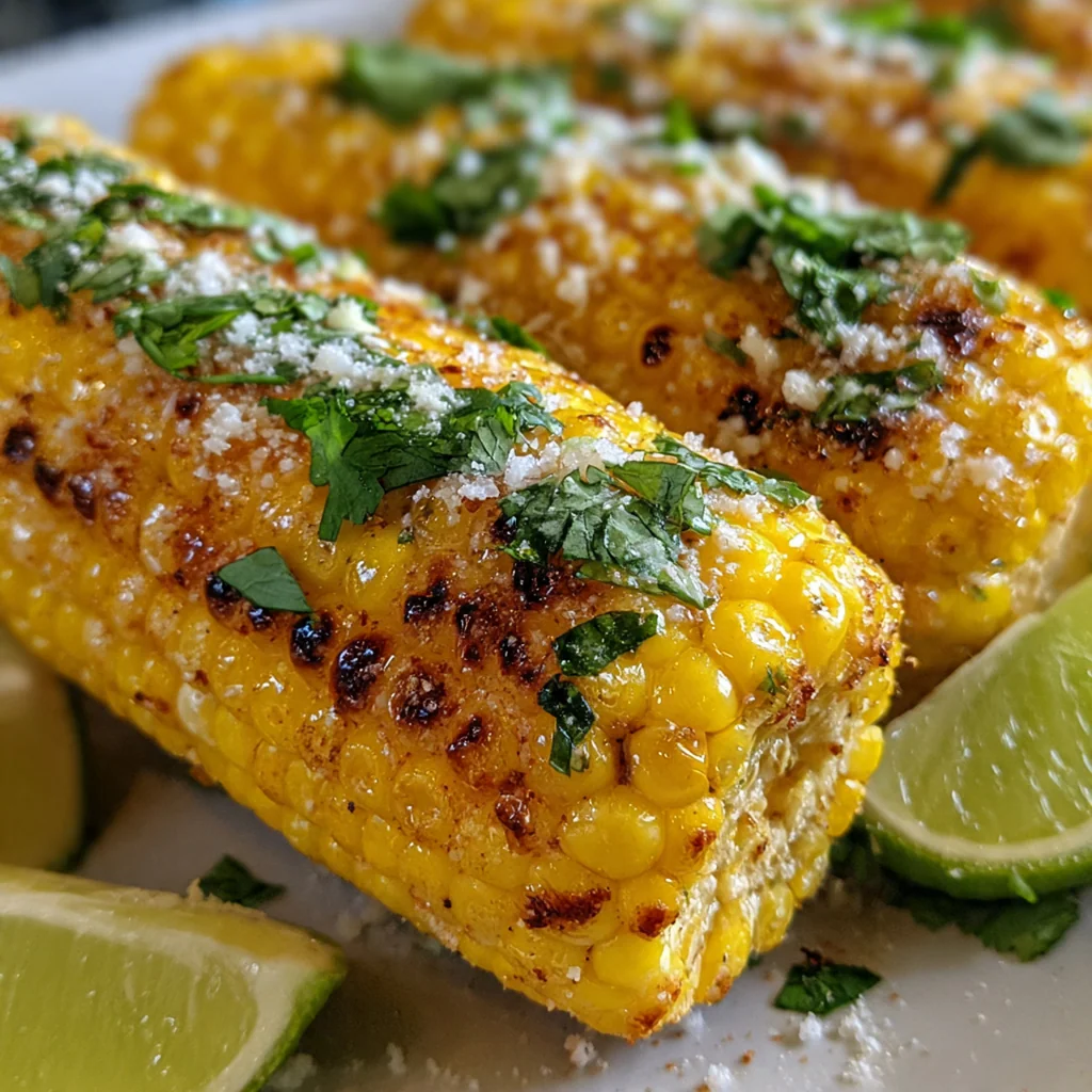 A rustic platter of grilled elote with lime wedges ready for a summer barbecue