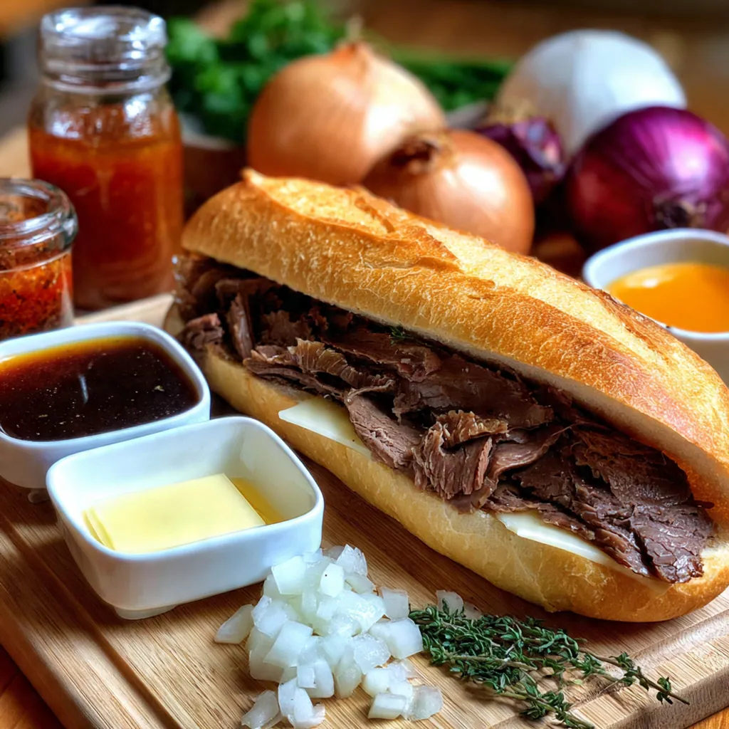 Steaming bowls of rich, savory au jus for dipping next to a perfectly assembled sandwich