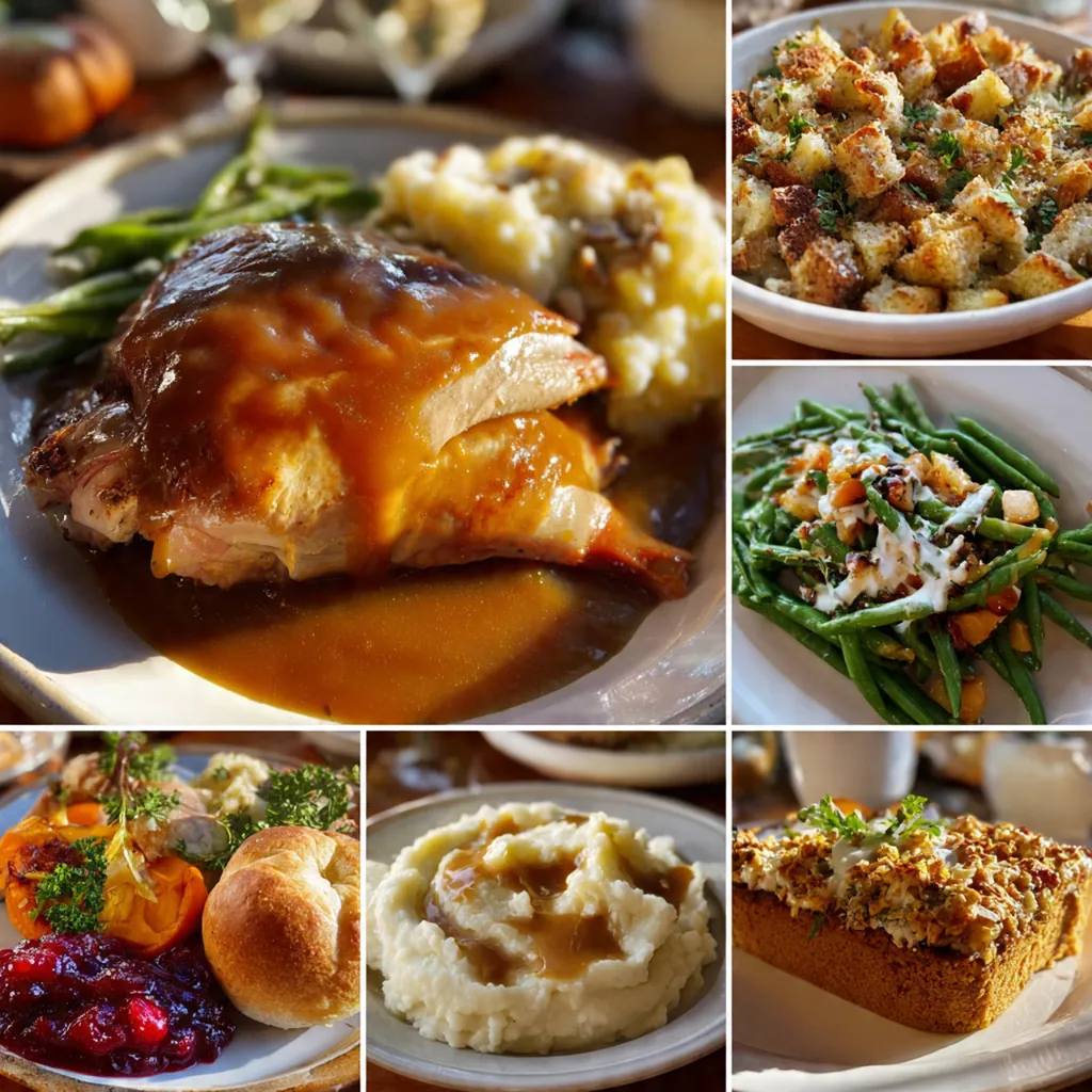 A complete holiday plate with rum-glazed ham steak, creamy mashed potatoes, and green beans