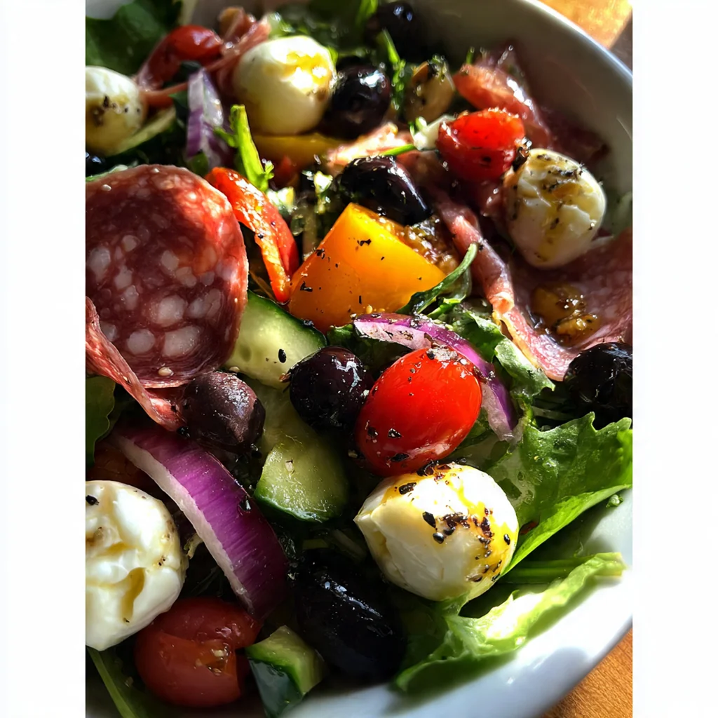 An overhead shot of an elegant antipasto salad platter with Kalamata olives, cherry tomatoes, and fresh basil leaves scattered on top