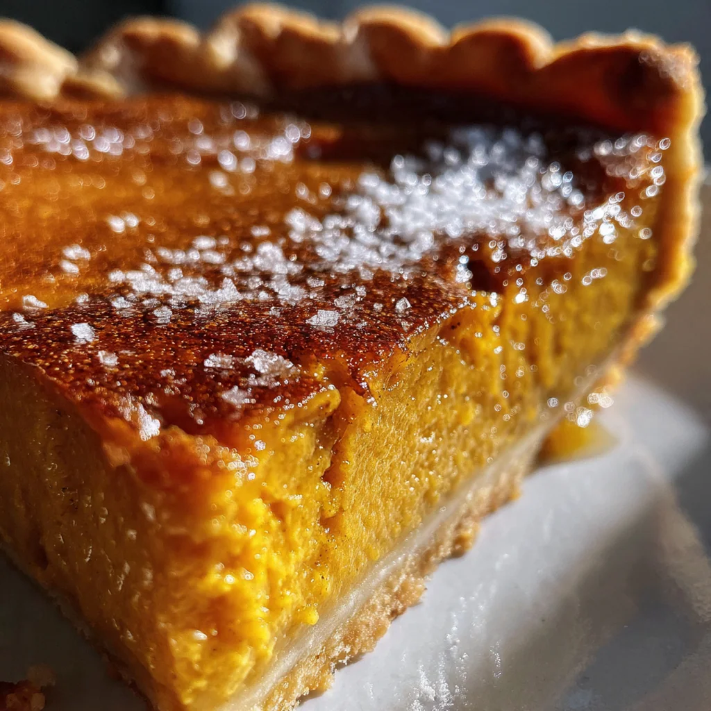 A whole pumpkin pie on a cooling rack surrounded by autumn leaves and a bowl of fresh whipped cream