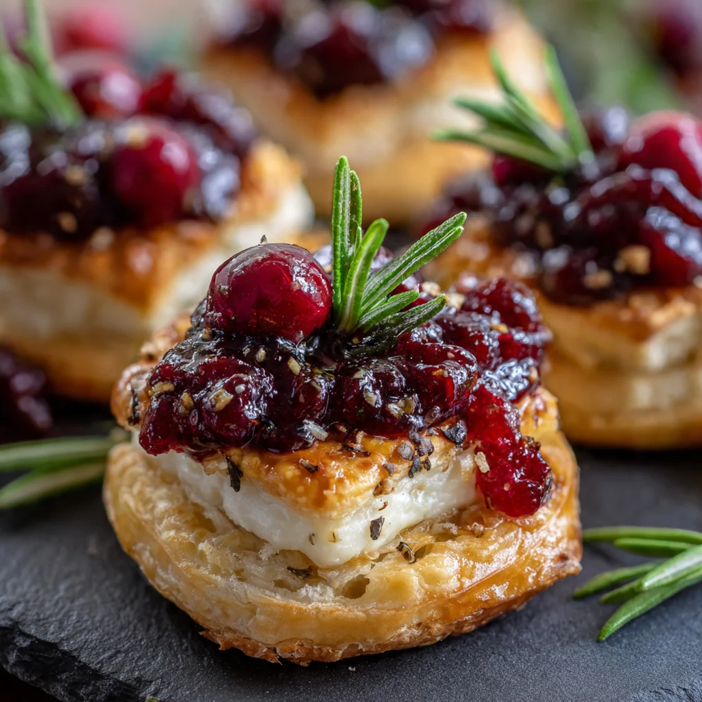 Close-up of a flaky pastry bundle on a festive platter with fresh thyme garnish