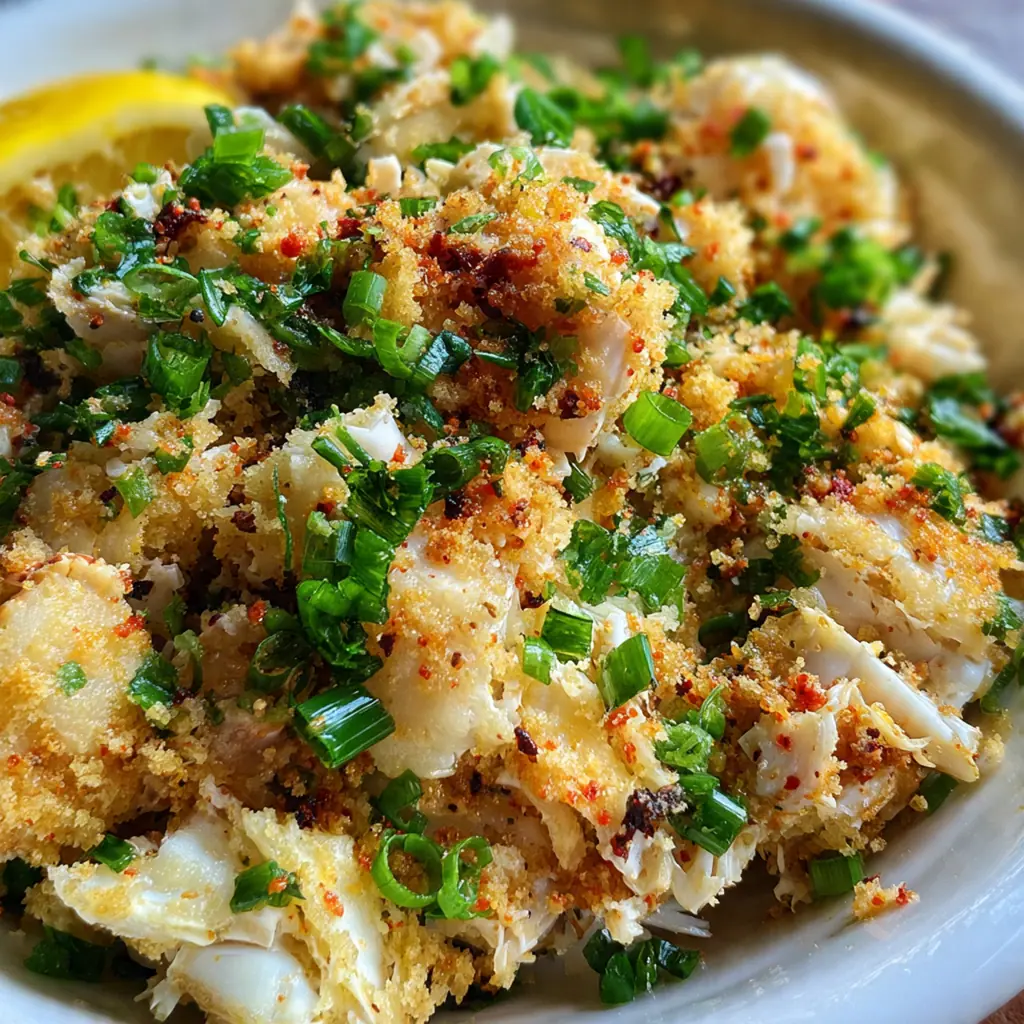 Close-up of a crispy crab cake broken open to show the tender lump crab meat inside