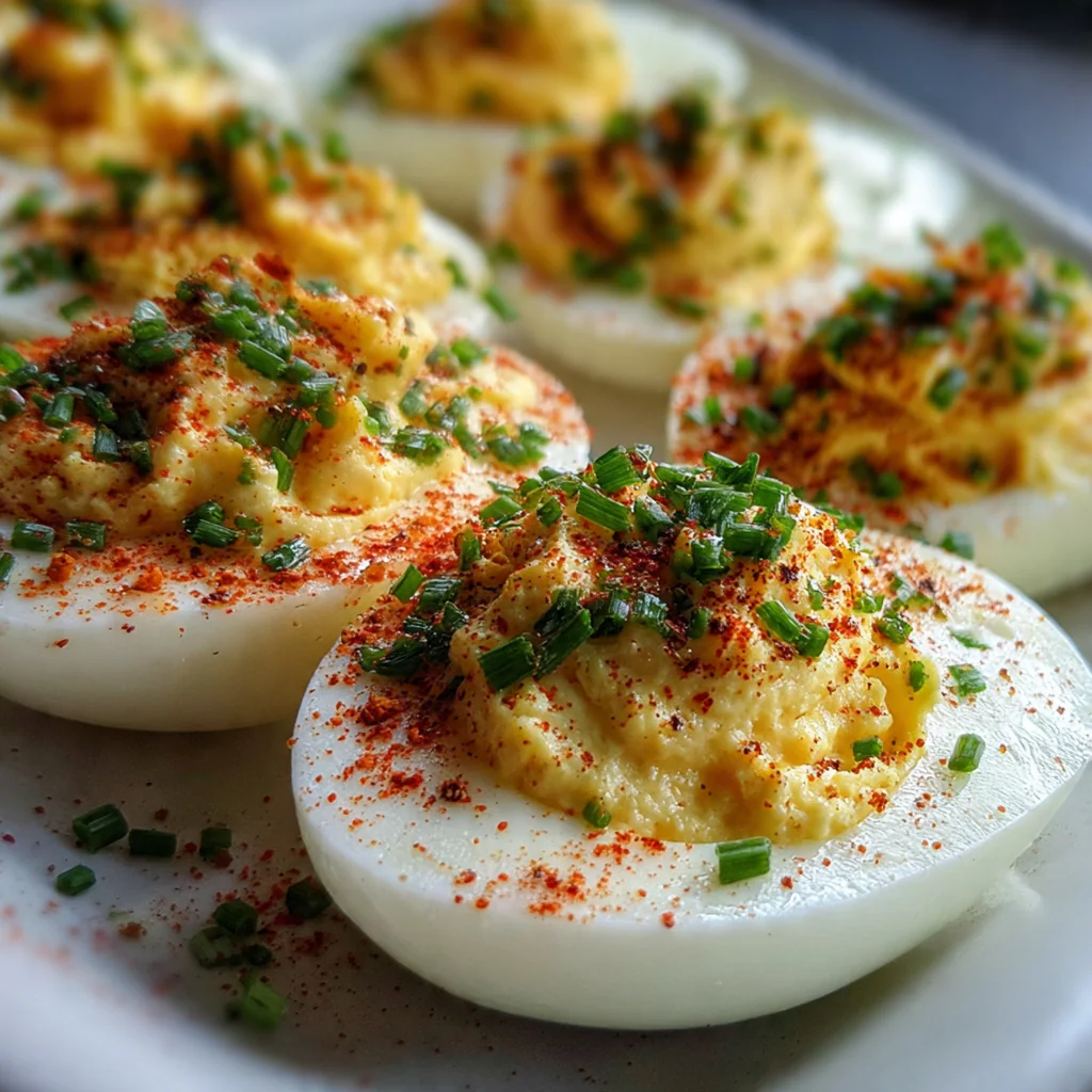 A close-up of a single perfect deviled egg showing the smooth, swirled yolk filling.