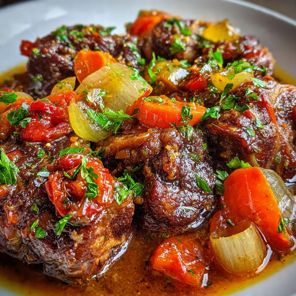Close-up of a spoon lifting a piece of succulent oxtail covered in glossy sauce with butter beans