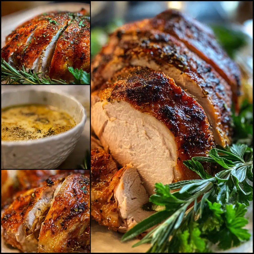 A whole golden brown smoked turkey resting on a carving board surrounded by fresh herbs