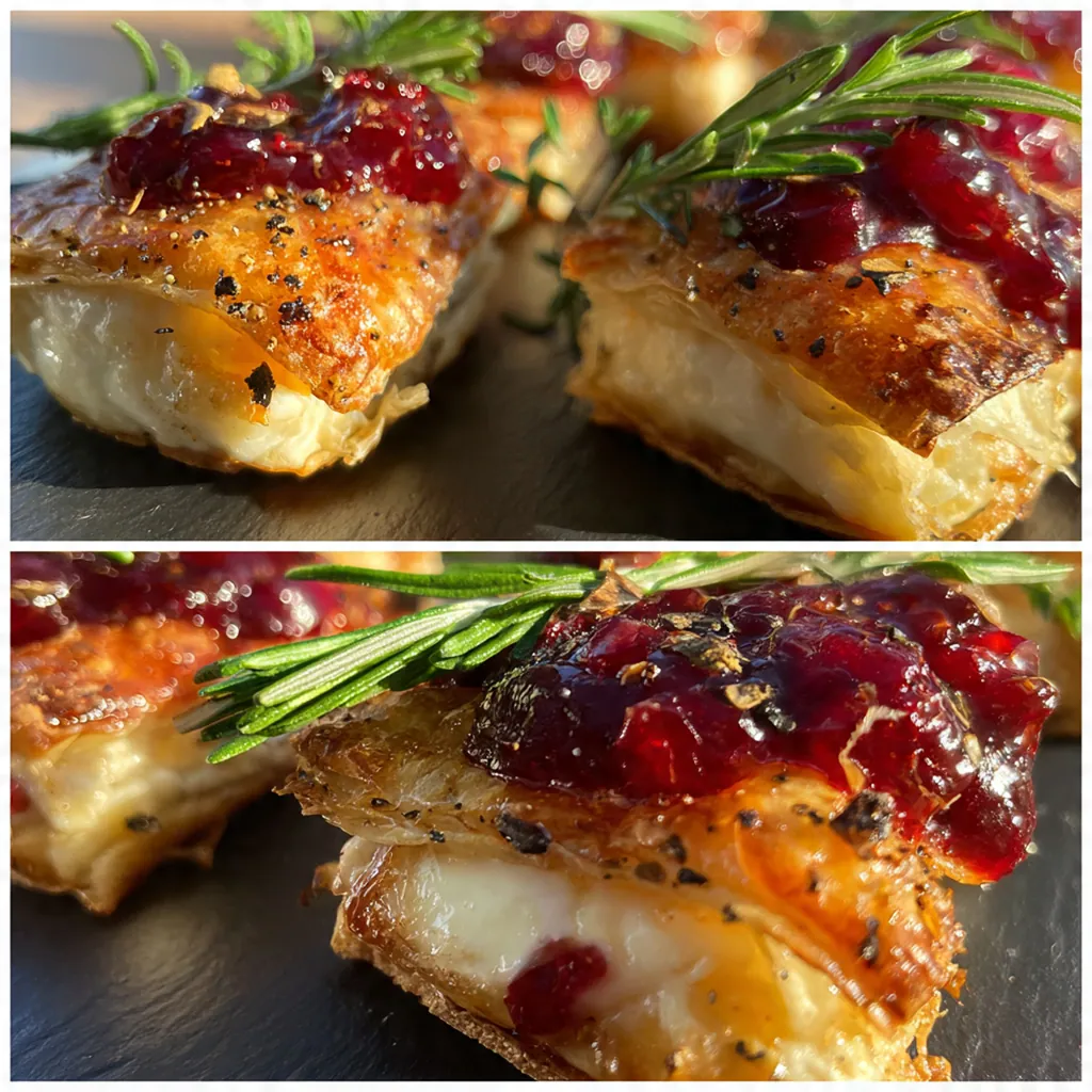 Golden brown puff pastry bites with melted Brie and cranberry peeking out on a baking sheet