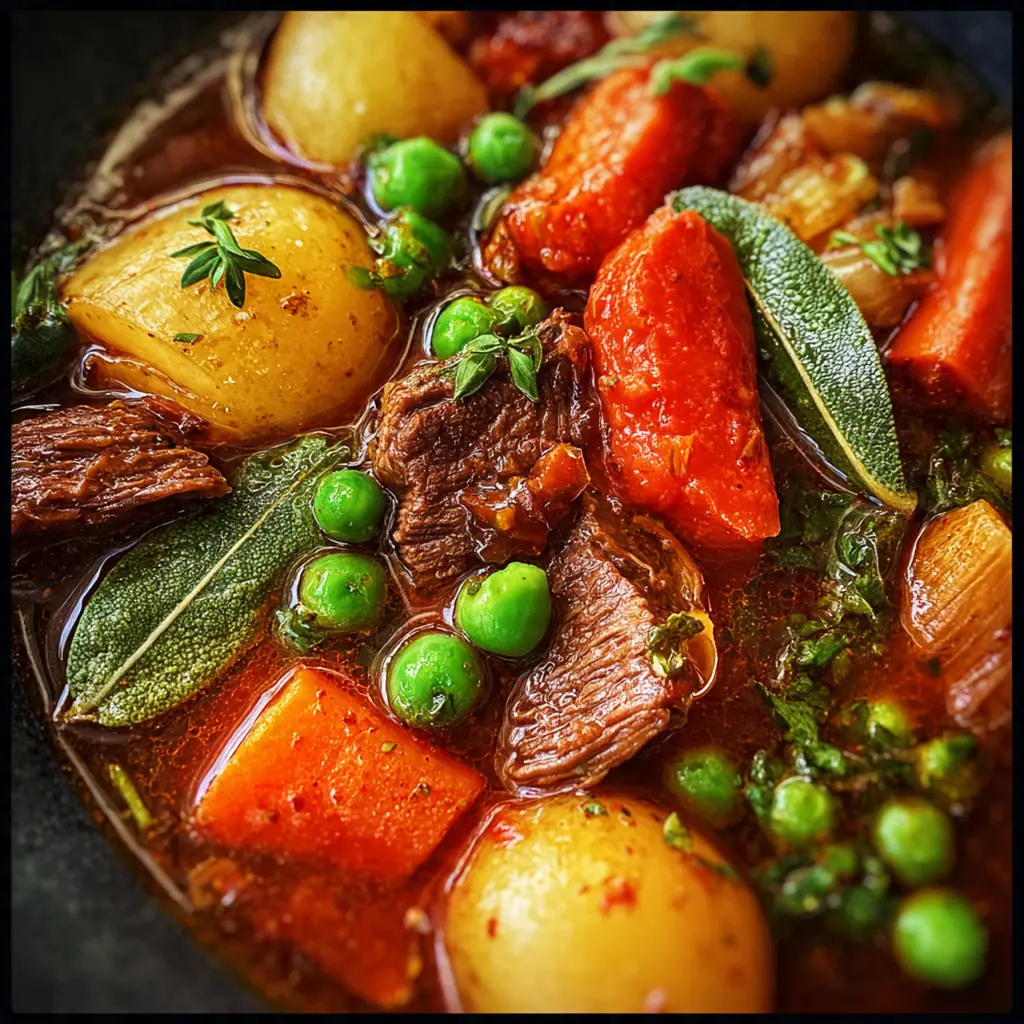 A close-up of a rustic Dutch oven filled with tender beef casserole, glistening pearl onions, and carrots in a rich sauce