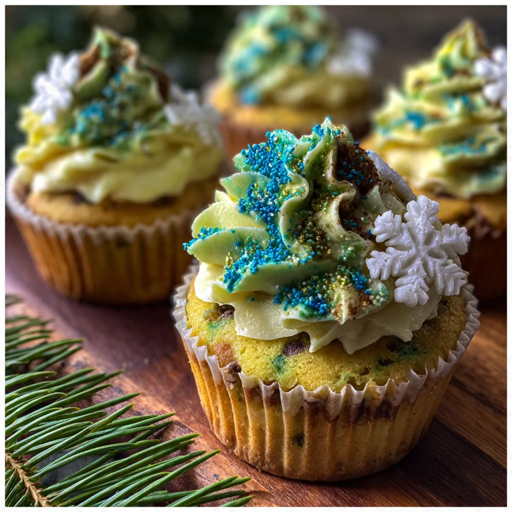 Festive Christmas Tree Cupcakes with green buttercream trees and colorful sprinkles on a holiday table