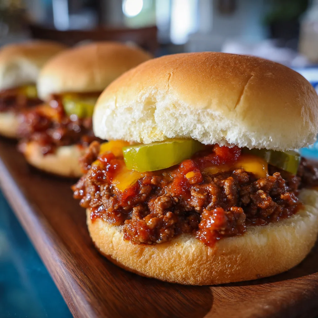 A heaping spoonful of glossy, meaty sloppy joe filling being served from a cast iron skillet