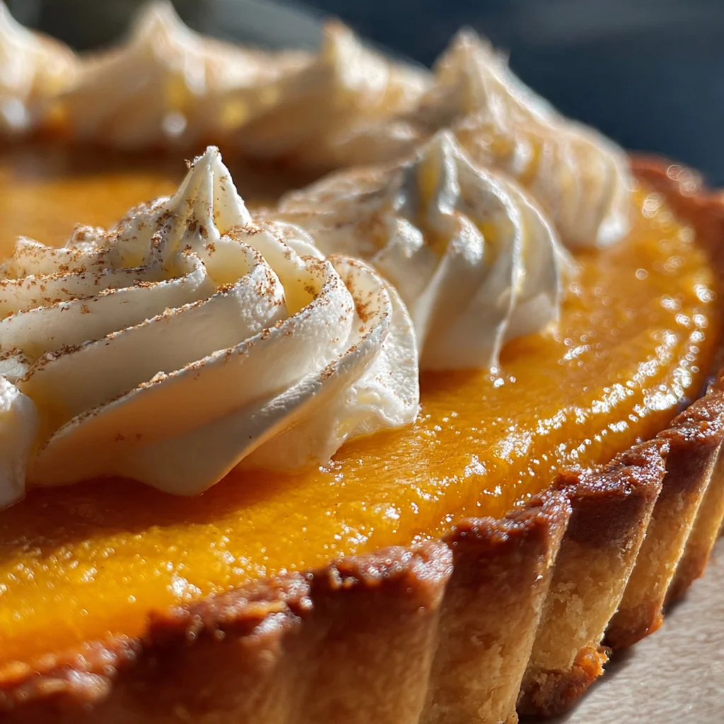 Finished pumpkin pie tart with a golden graham cracker crust and smooth spiced filling on a marble slab