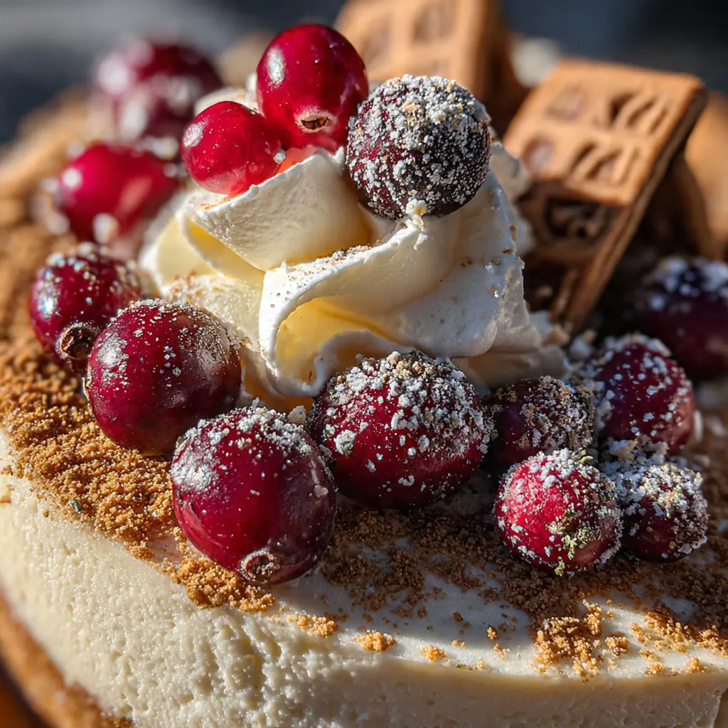 Festive white chocolate peppermint cheesecake on a stand with a perfect red swirl and candy cane garnish