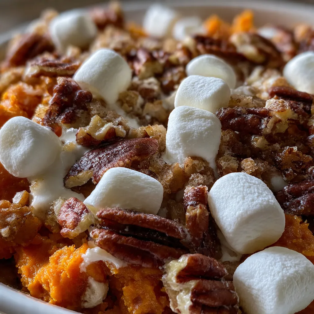 A bubbling dish of sweet potato casserole with a golden brown pecan streusel topping fresh from the oven