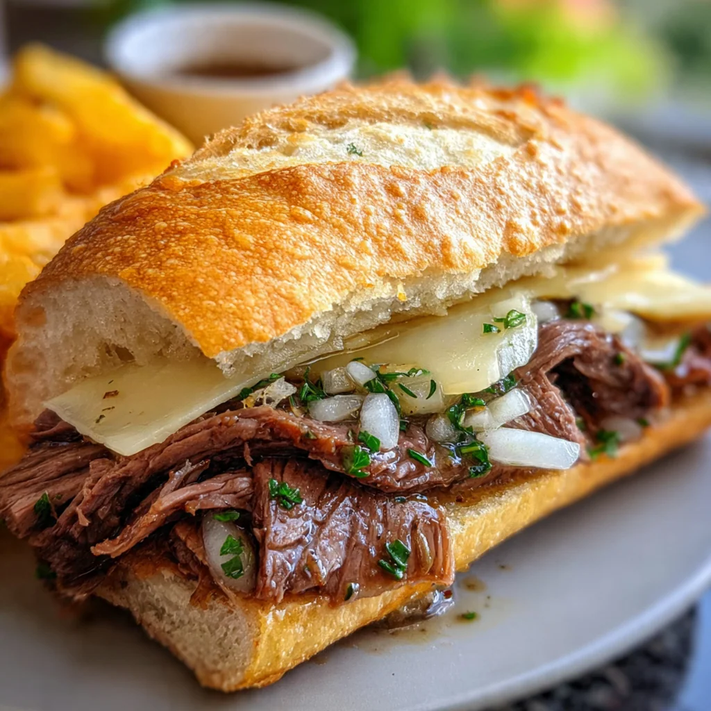 A close-up of a classic French dip sandwich with melted provolone cheese and juicy roast beef on a toasted roll