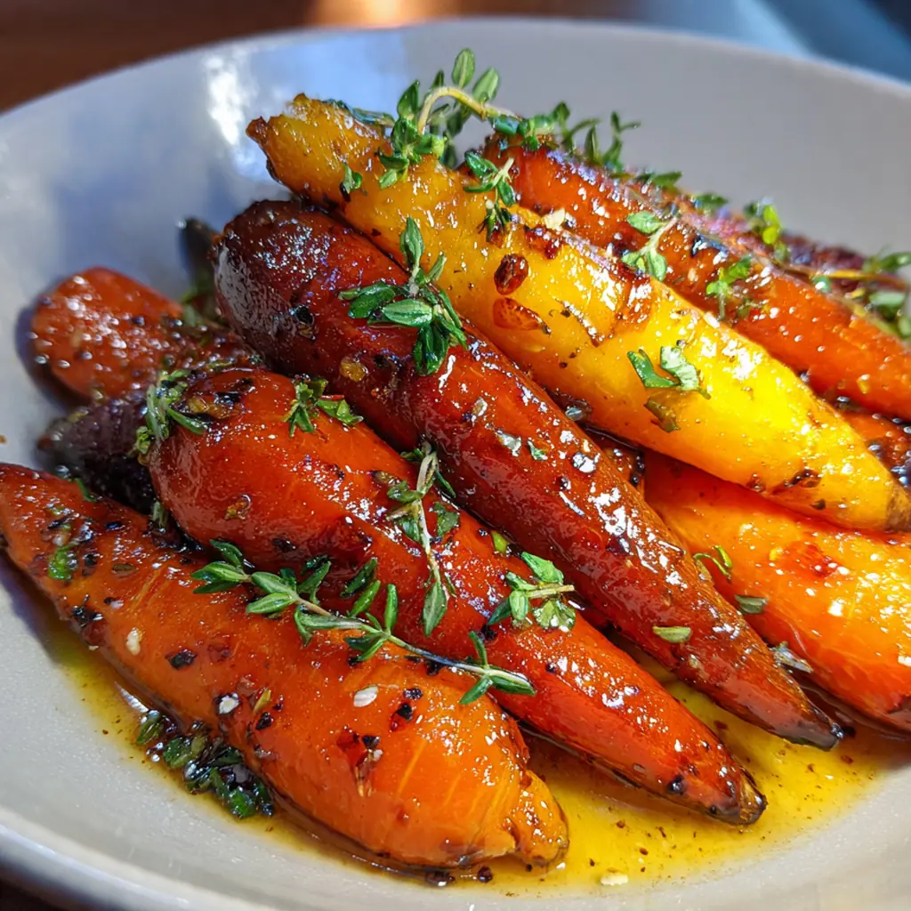 A skillet full of glossy bourbon glazed carrots with a sticky sauce and specks of herbs