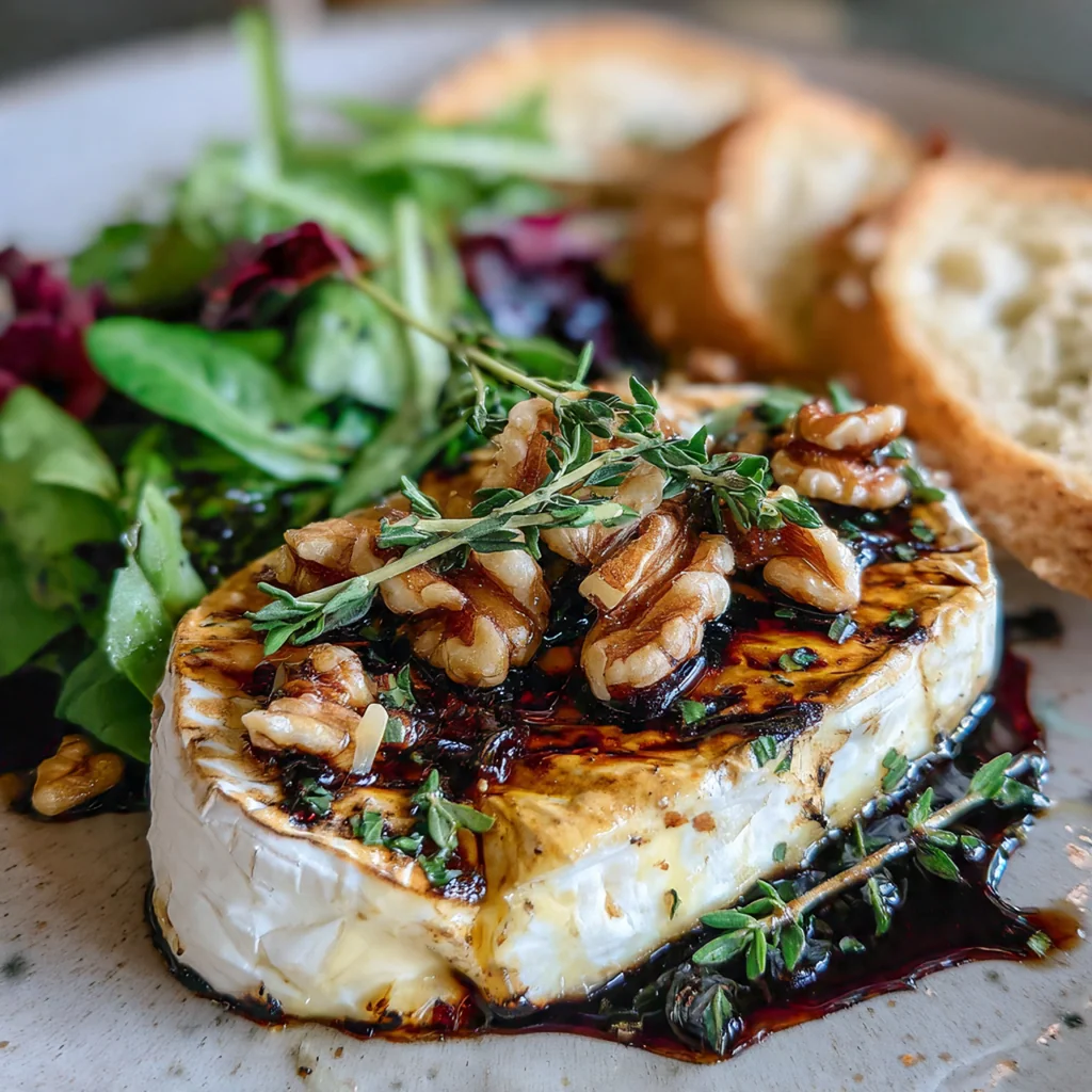 Golden brown baked Brie encased in flaky puff pastry with honey and walnuts dripping down the sides