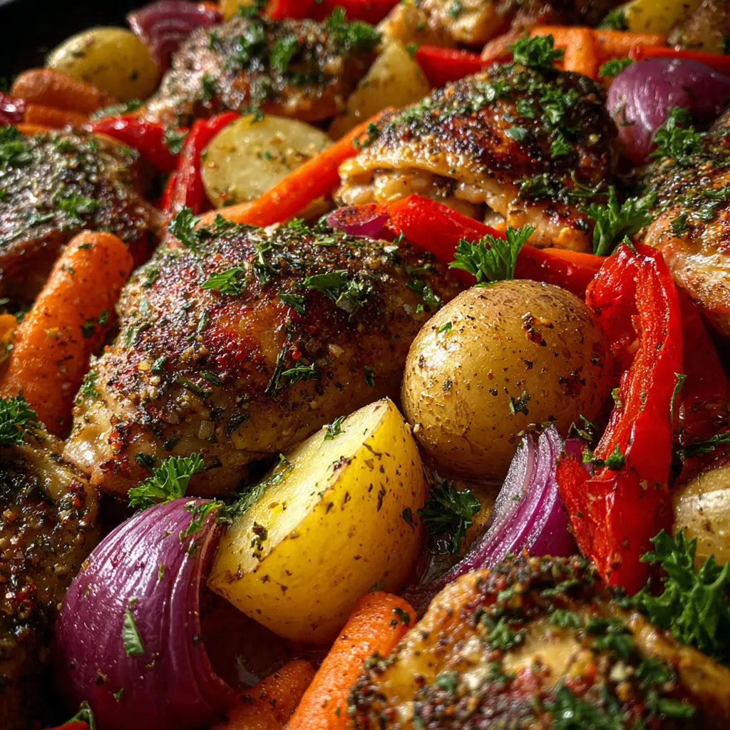 A vibrant sheet pan of roasted lemon garlic chicken and colorful vegetables fresh from the oven