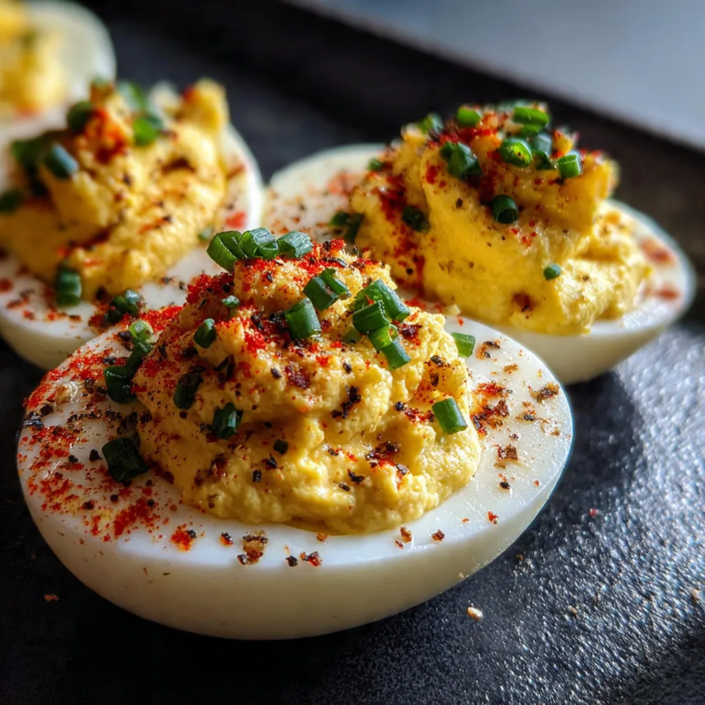 A white platter filled with classic devilled eggs, beautifully garnished with paprika and chives.