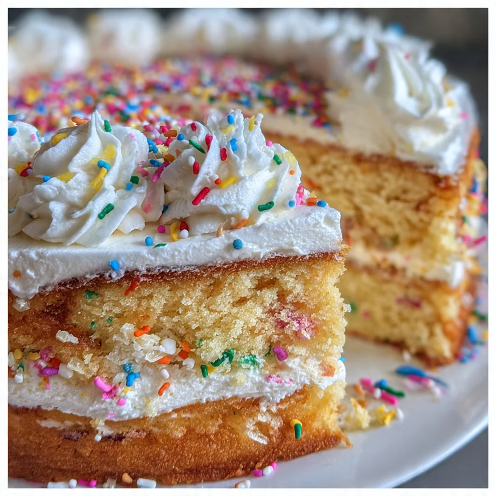 A classic vanilla birthday cake with fluffy layers and swirled vanilla buttercream, topped with colorful sprinkles.