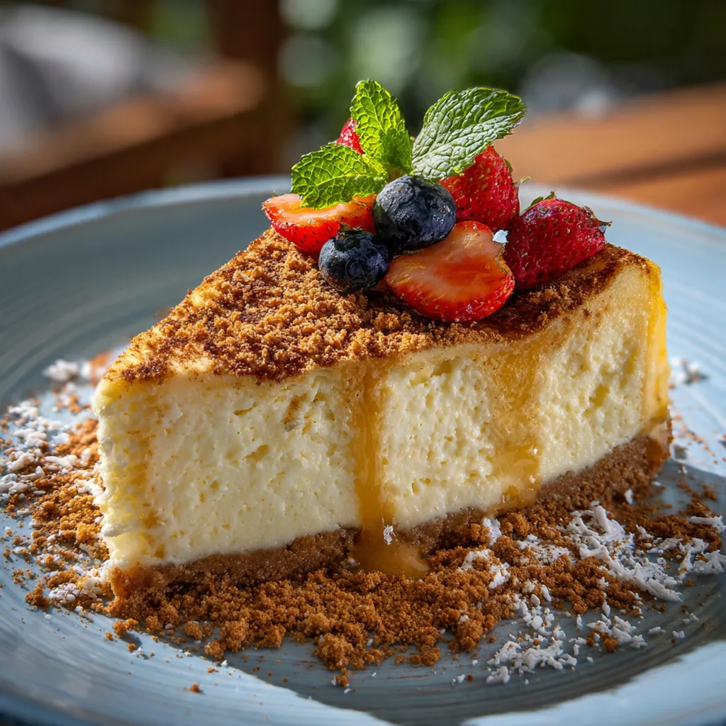 Close-up slice of eggnog cheesecake showing the velvety filling and thick graham cracker crust
