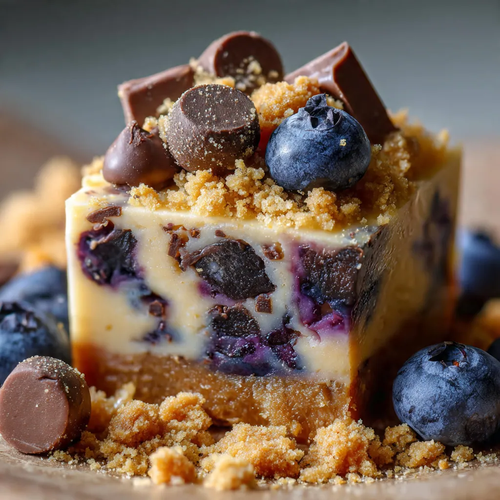 Close-up of a square of fudge showing flecks of blueberry and a crumbly streusel topping