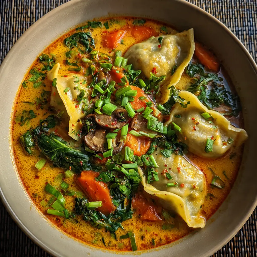 Close-up of a spoon lifting a juicy homemade dumpling from the fragrant coconut curry soup