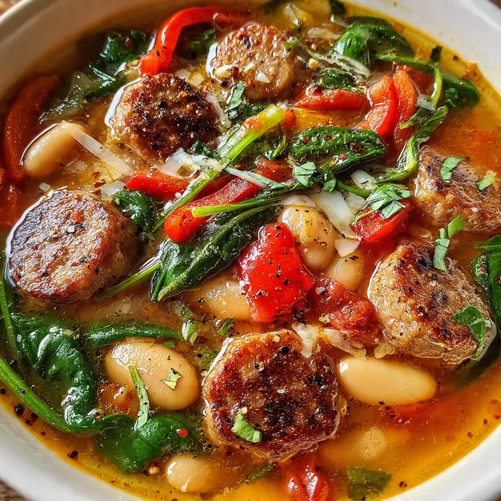 Overhead shot of a steaming Dutch oven filled with hearty sausage and kale soup