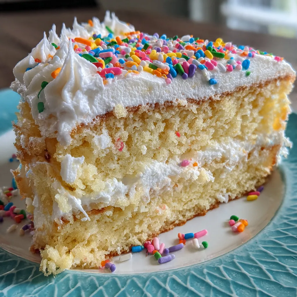 Close-up slice of moist vanilla cake showing its soft, tender crumb and thick layer of creamy frosting.