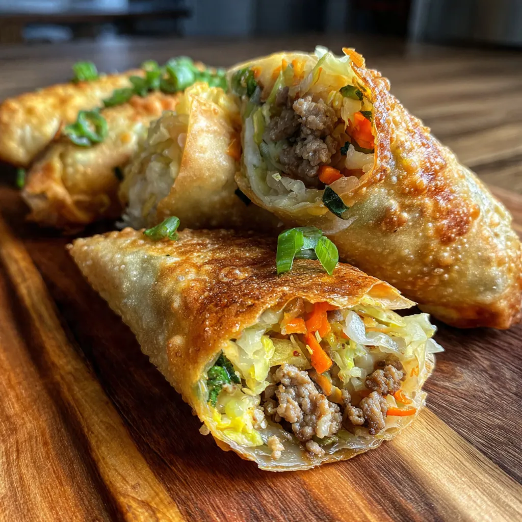Close-up of a savory pork and vegetable egg roll being dipped in sweet chili sauce