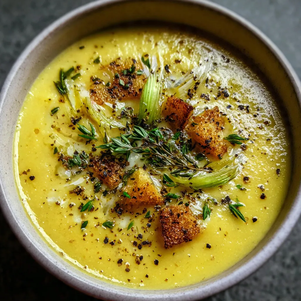 Overhead shot of a rustic table setting with a bowl of smooth soup next to crusty bread