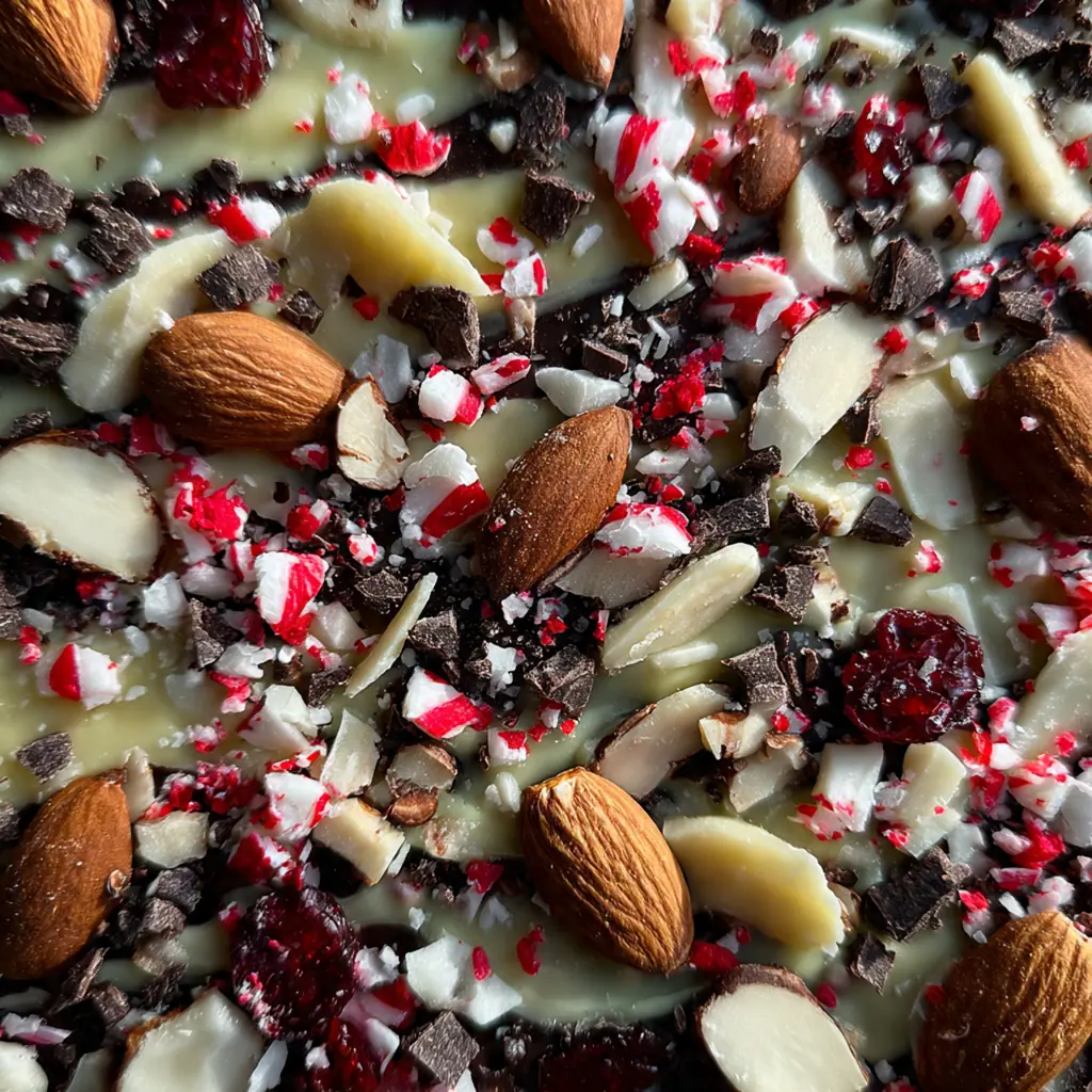 Close-up of a piece of chocolate bark showing crunchy pretzel bits, dried cranberries, and holiday sprinkles