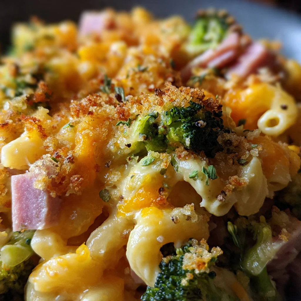 Family-style table setting with a portion of ham casserole, a green salad, and crusty bread