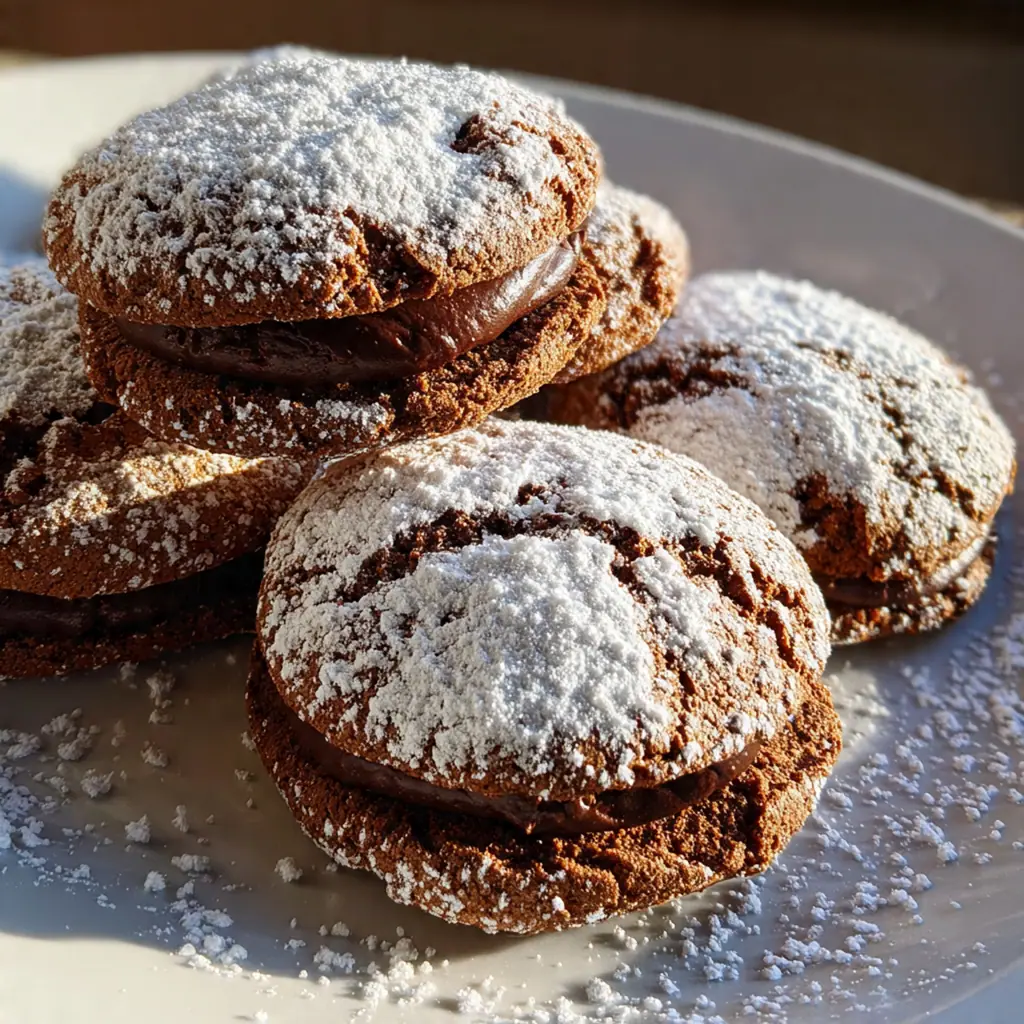 A festive holiday cookie tray featuring chocolate filled cookies powdered sugar alongside other Christmas treats