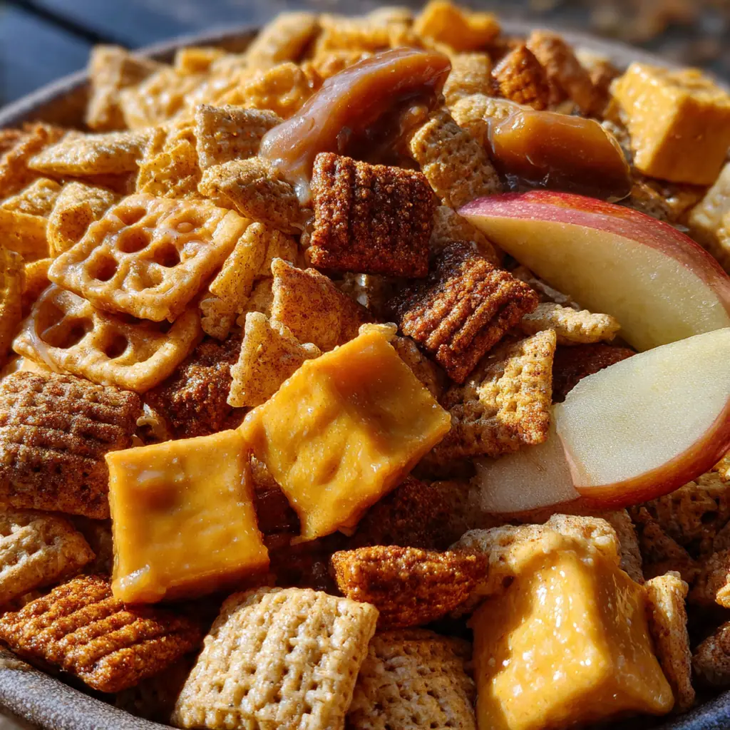 Close-up of crispy cereal squares coated in glossy caramel and dusted with powdered sugar