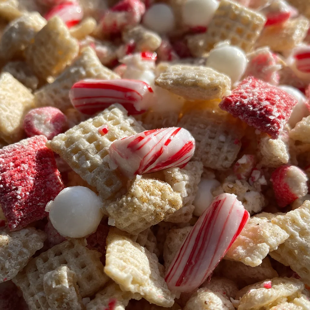 Close-up of a handful of the holiday snack showing the perfect chocolate coating and crunchy candy cane bits