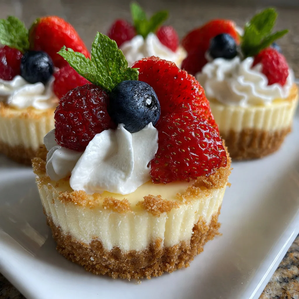 A stack of three mini cheesecakes drizzled with chocolate sauce and a dusting of powdered sugar