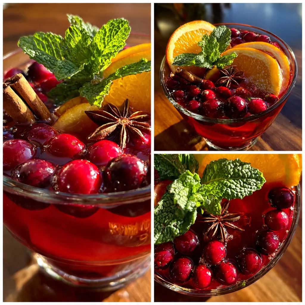 Close-up of a glass mug of holiday punch garnished with a rosemary sprig and an orange slice